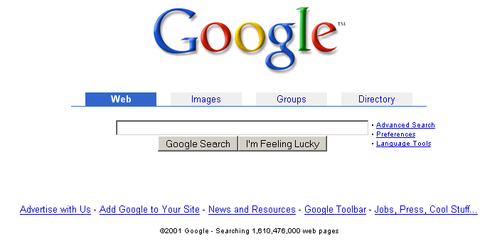Google homepage with tabbed interface (2001)